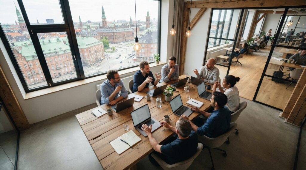 Overhead view of a coworking space meeting room in Copenhage