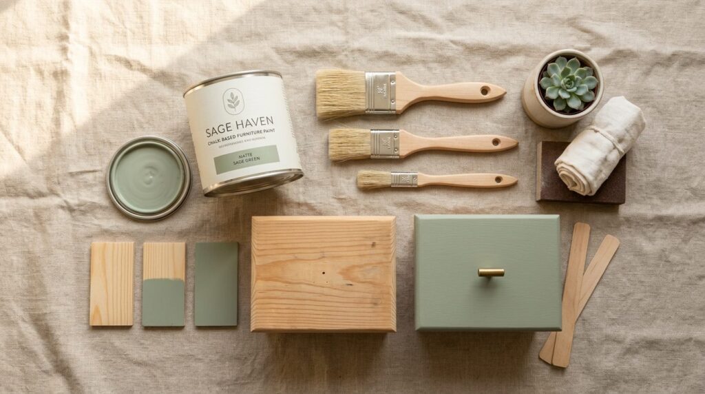 Close-up flat lay of DIY furniture painting supplies and mat