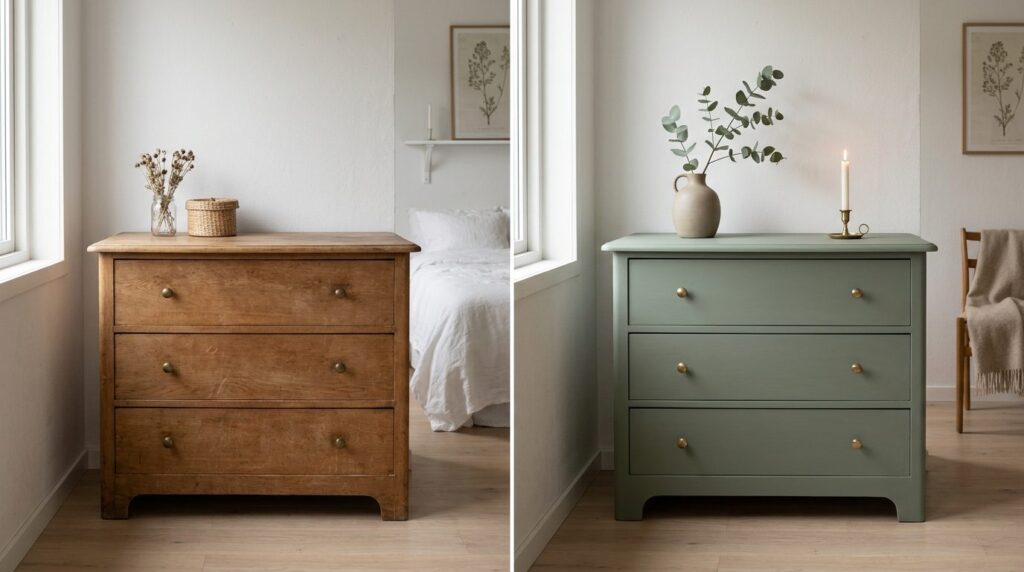 Before and after split-screen image of a wooden dresser: lef