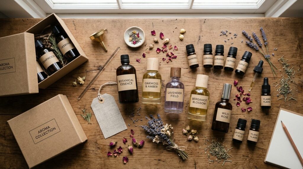 Flat lay overhead photograph of perfume collectors collecti