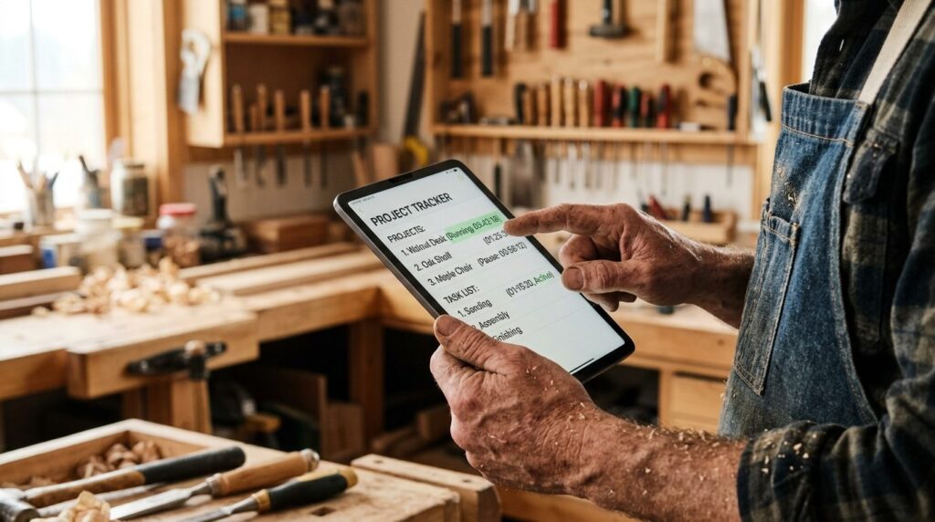 Close-up photograph of a craftsmans hands holding a tablet 