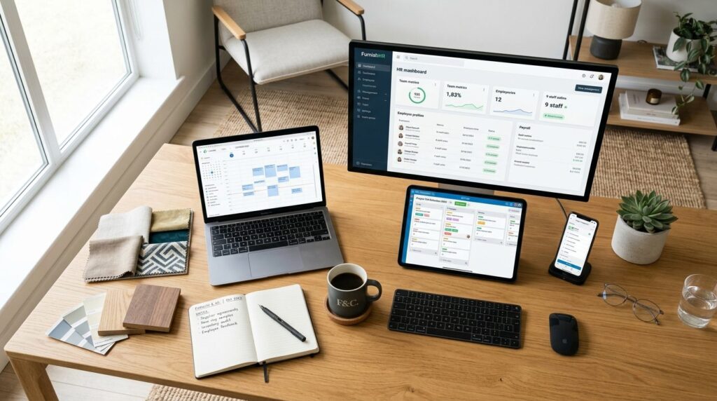 Overhead shot of a modern home office desk belonging to a sm