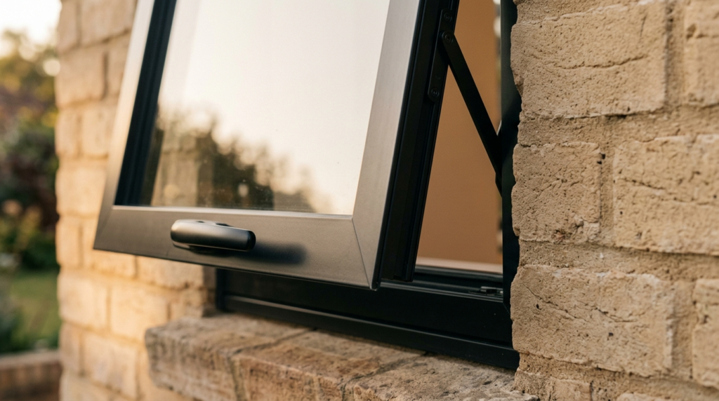 Close-up detail of a top-hung window frame in matte black fi