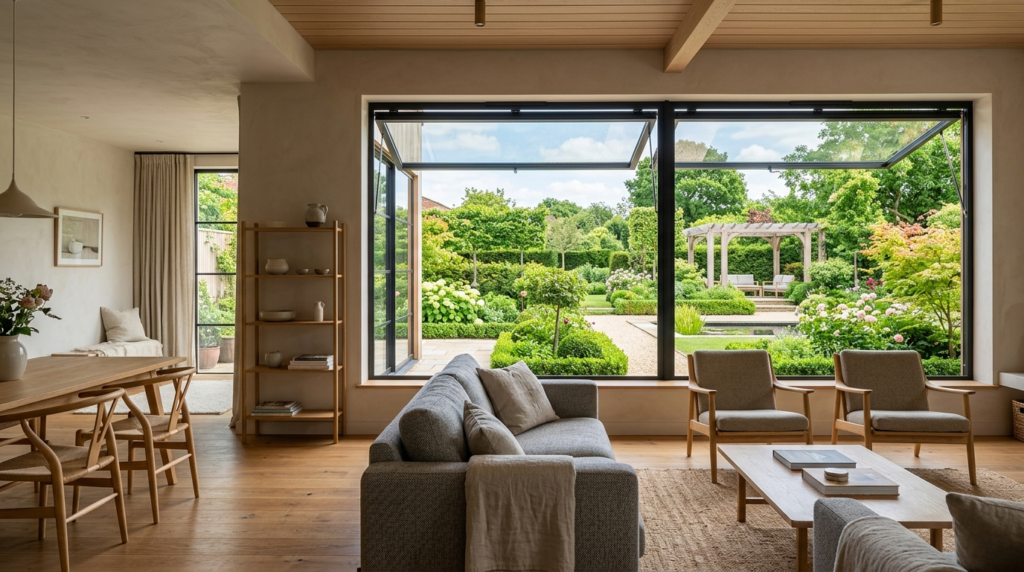 Luxury residential interior view through open top-hung windo