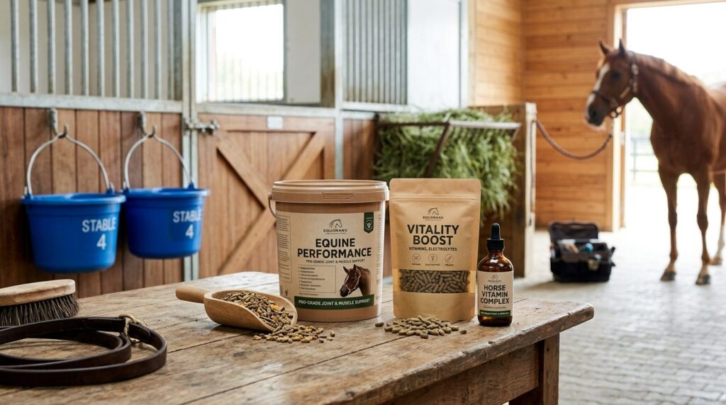 Close-up photorealistic image of premium horse supplements a