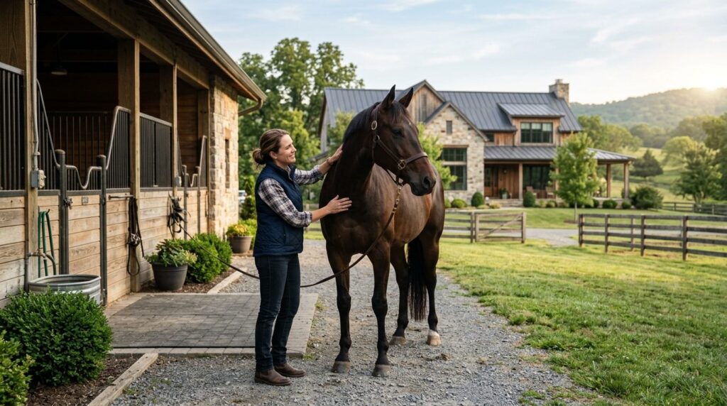 Lifestyle photograph of a horse owner in casual attire check